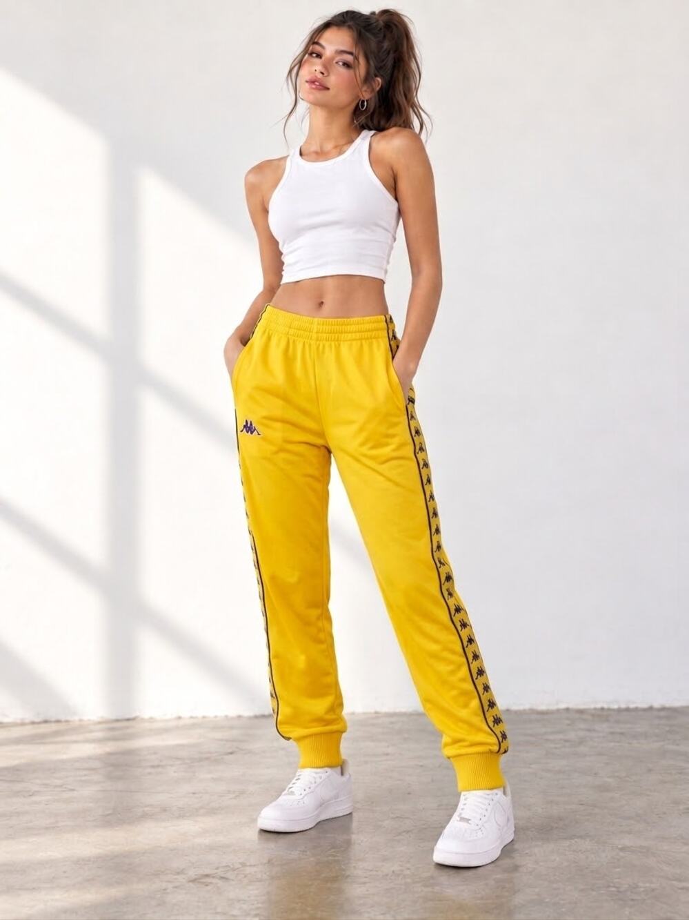 Kappa Track Pants, Yellow w Lakers Purple/White , size smallStripes, size S